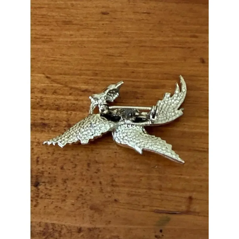 Vintage Phoenix Bird Rhinestone Brooch Gold Tone Black Enamel Figural Pin